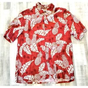 Batek Bay Mens Hawaiian Aloha Shirt Large Button Red Floral All over Print AOP
